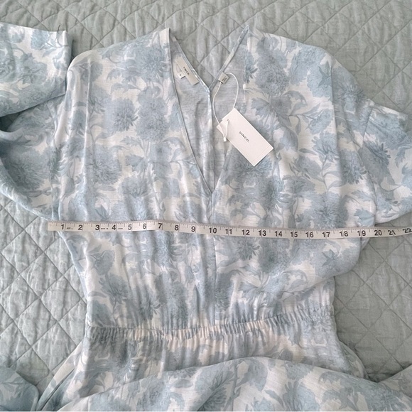 Vince Dahlia Floral Summer Dress Long Sleeve V Neck Women M Baby Blue White - Picture 10 of 16